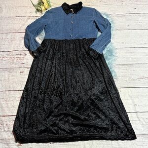 Vintage 90s Alexandria Lee Denim and Velvet Long Sleeve Dress Midi Dress sz 12